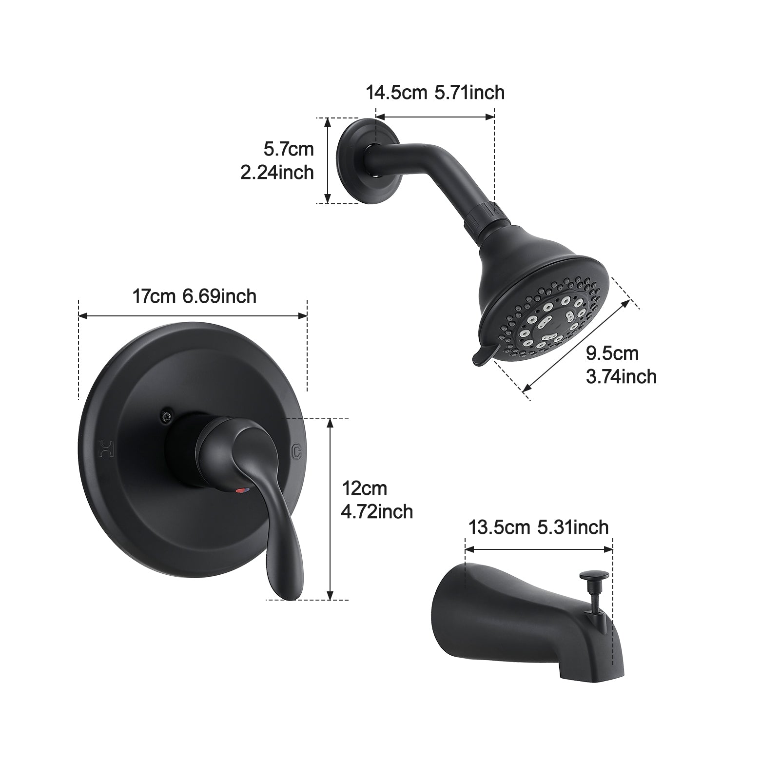 Matte Black Tub & Shower Faucet Combo with 5-Spray Rain Shower Head, Pressure Balance Valve & Diverter Spout