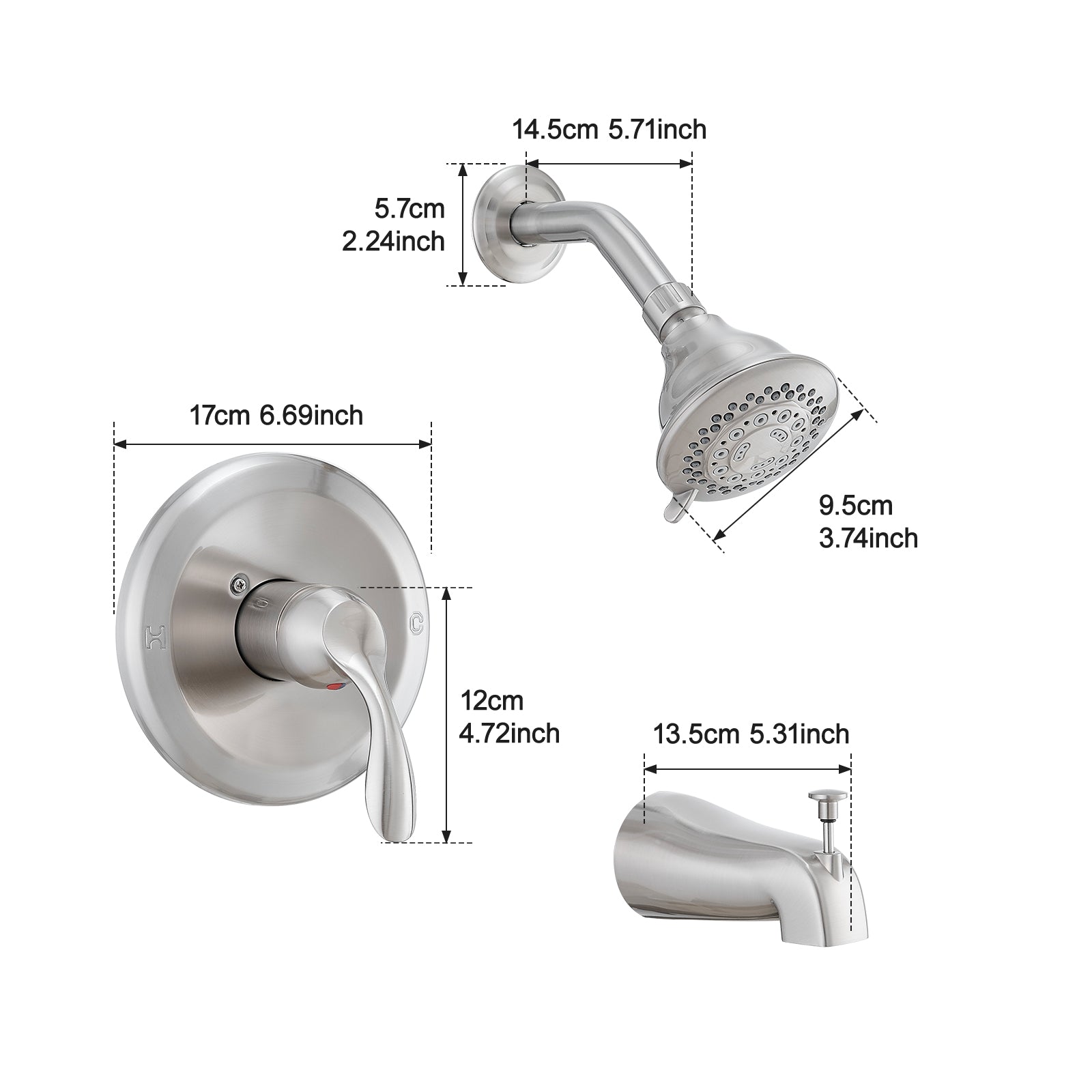Brushed Nickel Tub & Shower Faucet Combo with 5-Spray Rain Shower Head, Pressure Balance Valve & Diverter Spout