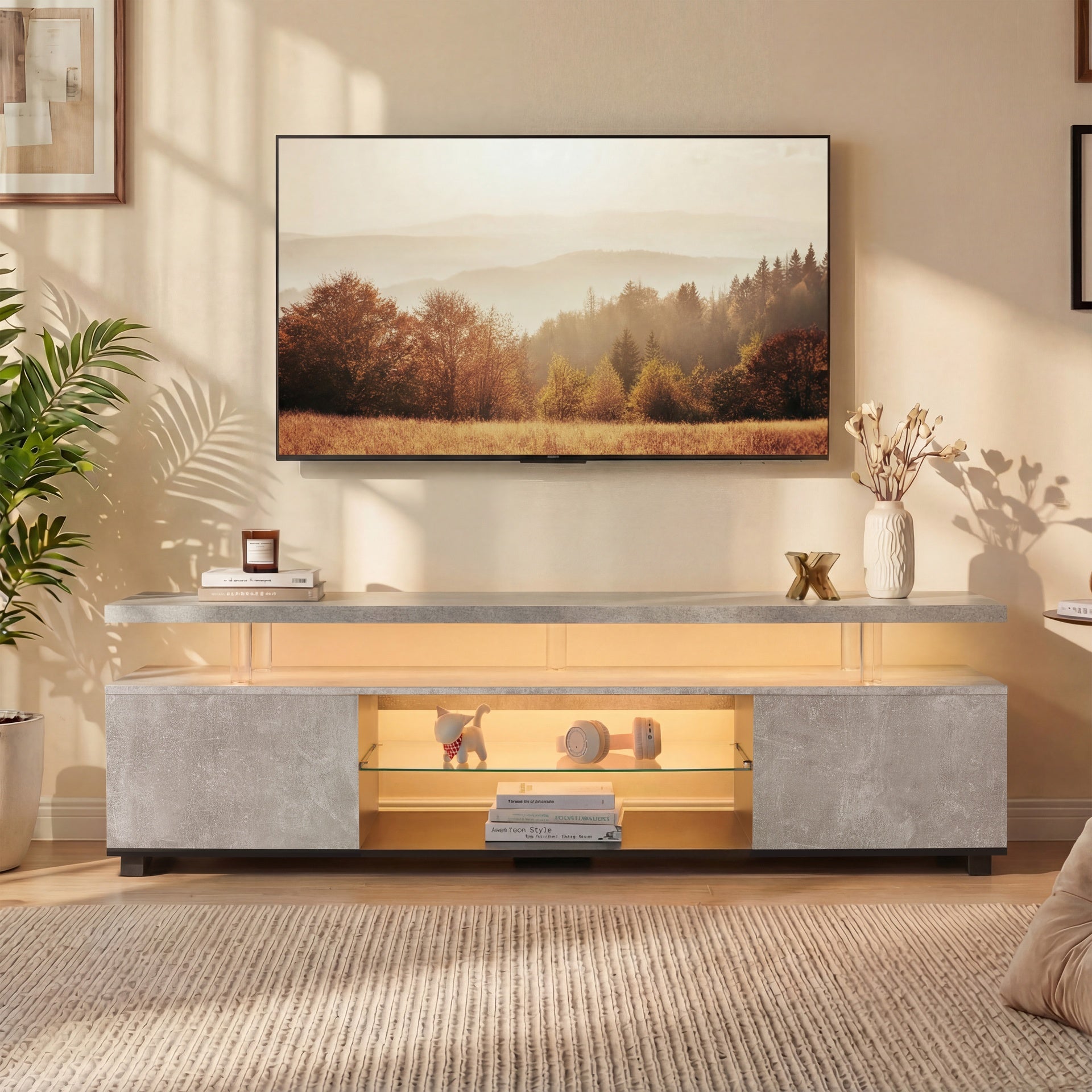 TV Stand for 70 Inch TV LED Gaming Entertainment Center Media Storage Console Table with Large Side Cabinet for Living Room Gray