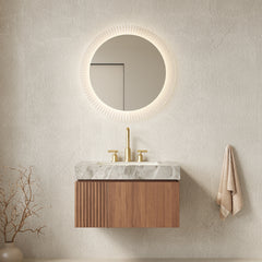 MURI 30" Bathroom Vanity&Sink, Floating Plywood Storage Cabinet with Drawer&Door, Light Gray Sintered Stone Top&Ceramic Basin with 3 Pre-drilled Faucet Holes, Pre-assembled, Brown Oak Woodgrain Color