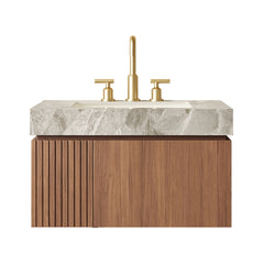MURI 30" Bathroom Vanity&Sink, Floating Plywood Storage Cabinet with Drawer&Door, Light Gray Sintered Stone Top&Ceramic Basin with 3 Pre-drilled Faucet Holes, Pre-assembled, Brown Oak Woodgrain Color
