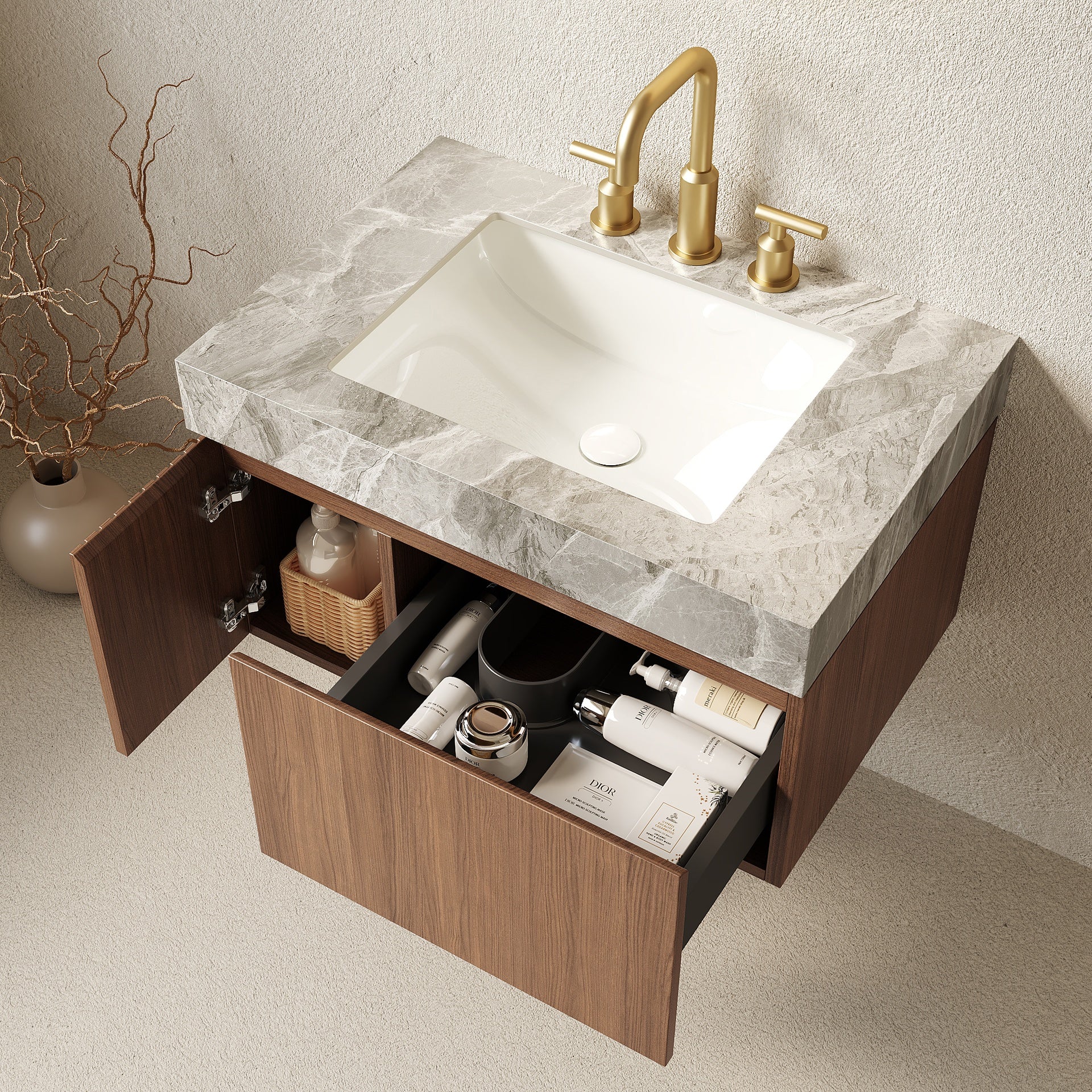 MURI 30" Bathroom Vanity&Sink, Floating Plywood Storage Cabinet with Drawer&Door, Light Gray Sintered Stone Top&Ceramic Basin with 3 Pre-drilled Faucet Holes, Pre-assembled, Brown Oak Woodgrain Color