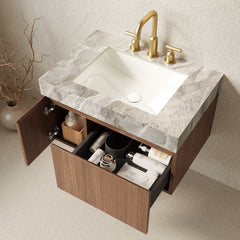 MURI 30" Bathroom Vanity&Sink, Floating Plywood Storage Cabinet with Drawer&Door, Light Gray Sintered Stone Top&Ceramic Basin with 3 Pre-drilled Faucet Holes, Pre-assembled, Brown Oak Woodgrain Color