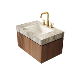 MURI 30" Bathroom Vanity&Sink, Floating Plywood Storage Cabinet with Drawer&Door, Light Gray Sintered Stone Top&Ceramic Basin with 3 Pre-drilled Faucet Holes, Pre-assembled, Brown Oak Woodgrain Color