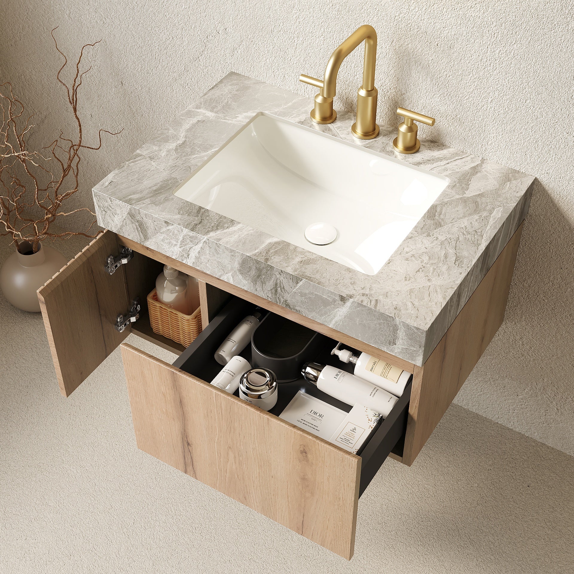 MURI 30" Bathroom Vanity&Sink, Floating Plywood Storage Cabinet with Drawer&Door, Light Gray Sintered Stone Top&Ceramic Basin with 3 Pre-drilled Faucet Holes, Pre-assembled, White Oak Woodgrain Color