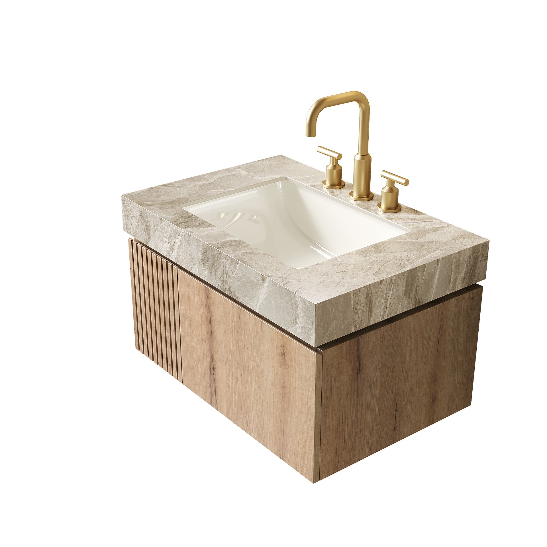 MURI 30" Bathroom Vanity&Sink, Floating Plywood Storage Cabinet with Drawer&Door, Light Gray Sintered Stone Top&Ceramic Basin with 3 Pre-drilled Faucet Holes, Pre-assembled, White Oak Woodgrain Color