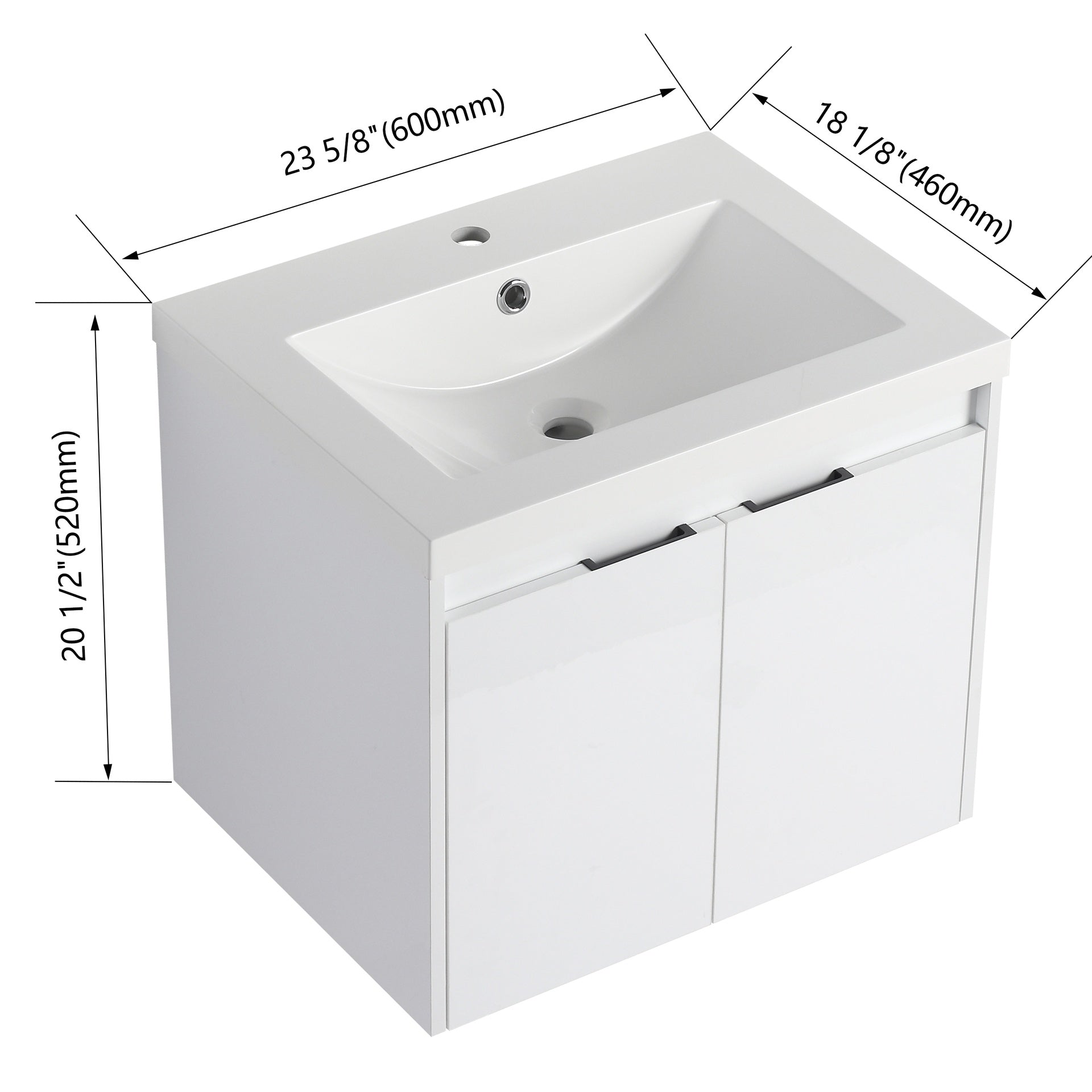 24" Bathroom Vanity With Resin Sink , 2-Soft Close Doors, Float Mounting Design,Glossy White,(KD-Packing)