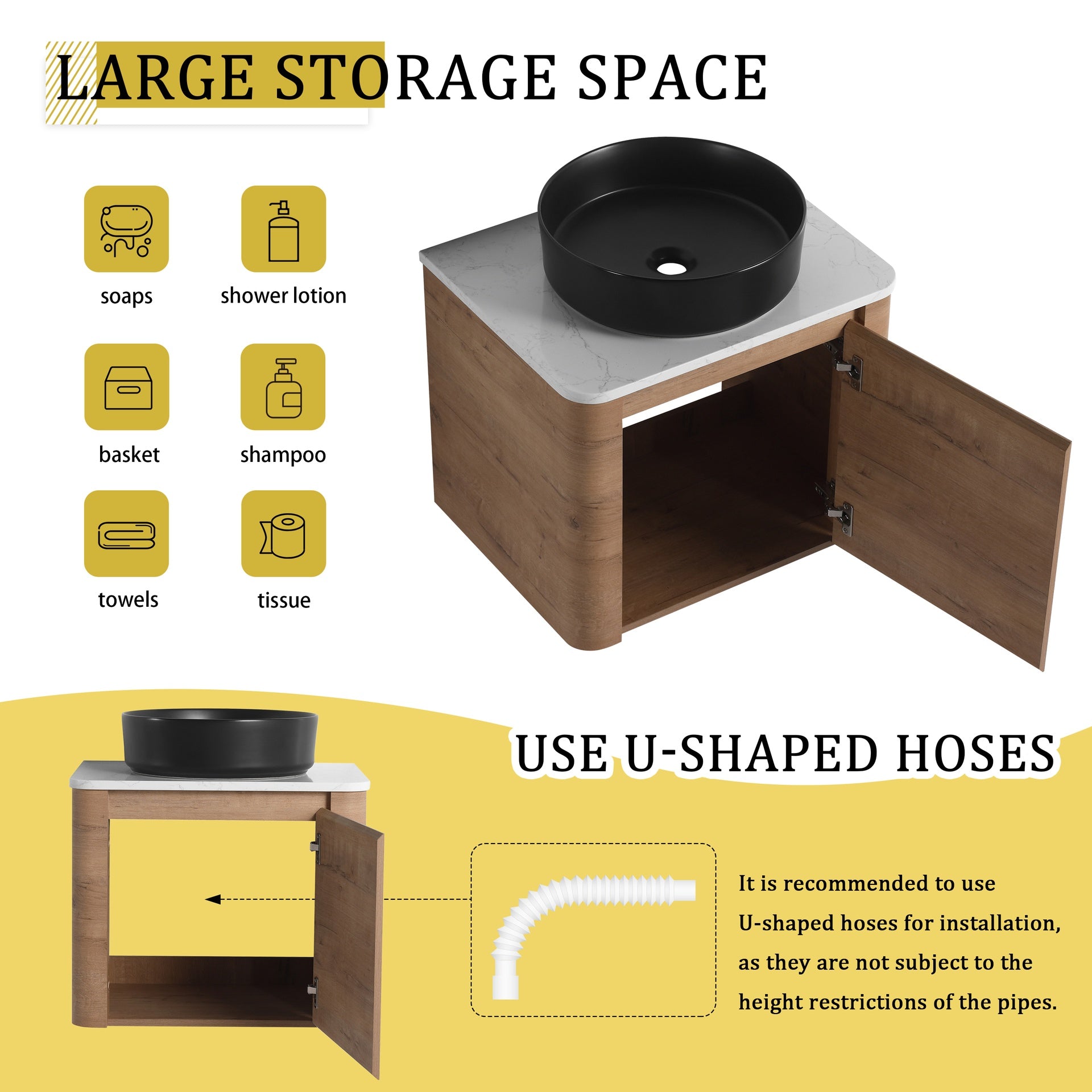 24'' Wall-Mounted Bathroom Vanity With Ceramic Art Sink & 1-Soft-Close Door, KD-Packing, Plywood
