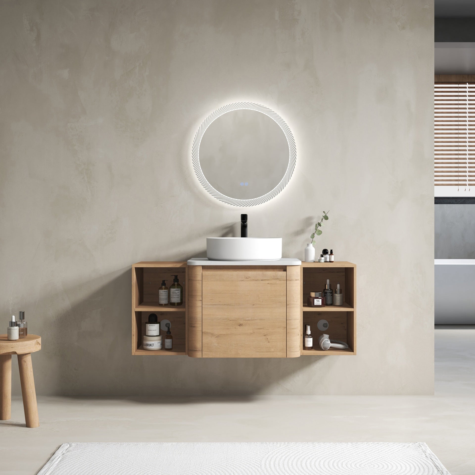 48'' Wall-Mounted Bathroom Vanity With Ceramic Art Sink, and 2-Storage Shelves, Soft-Close Door, KD-Packing, Plywood