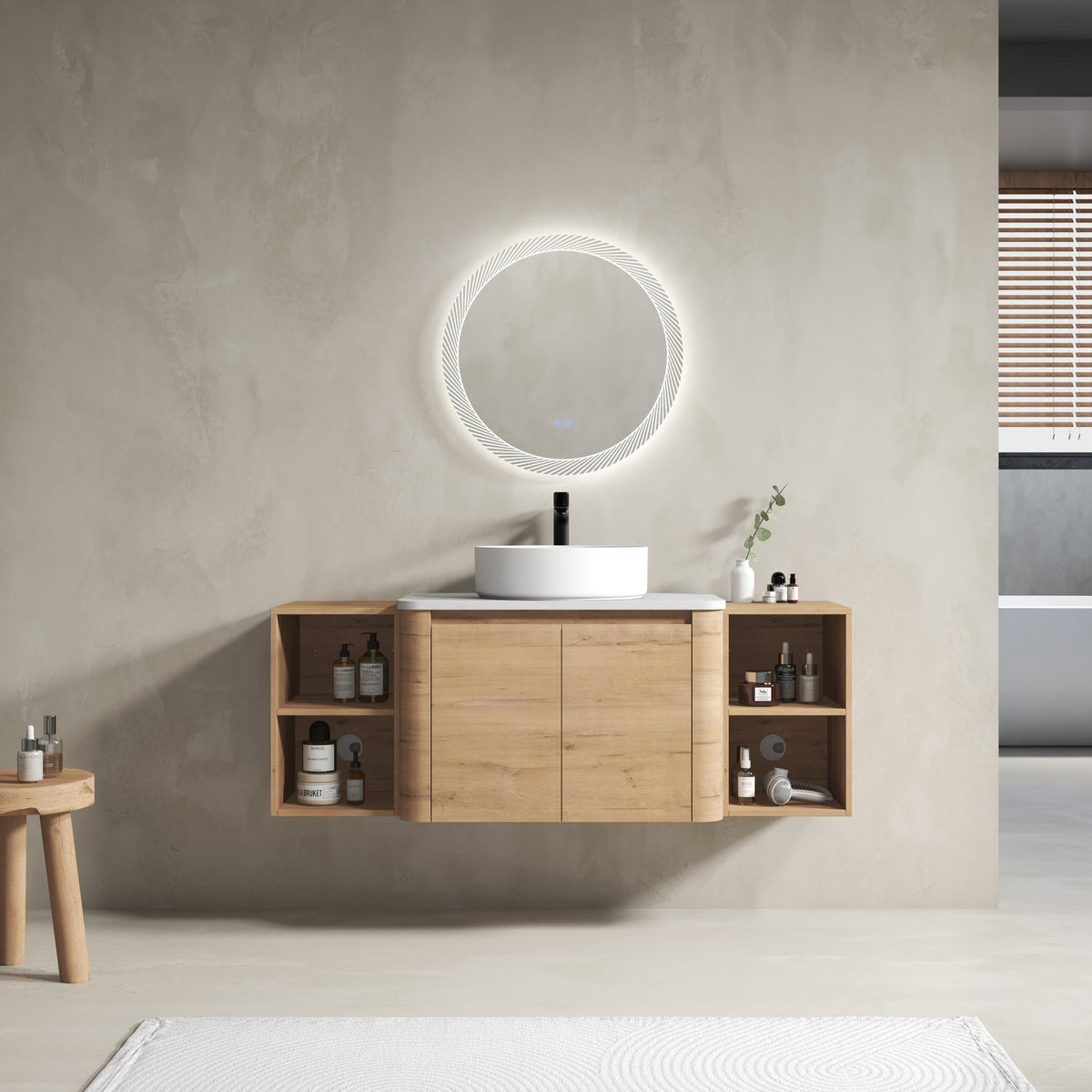 54'' Wall-Mounted Bathroom Vanity With Ceramic Art Sink, and 2-Storage Shelves, 2-Soft-Close Door, KD-Packing, Plywood