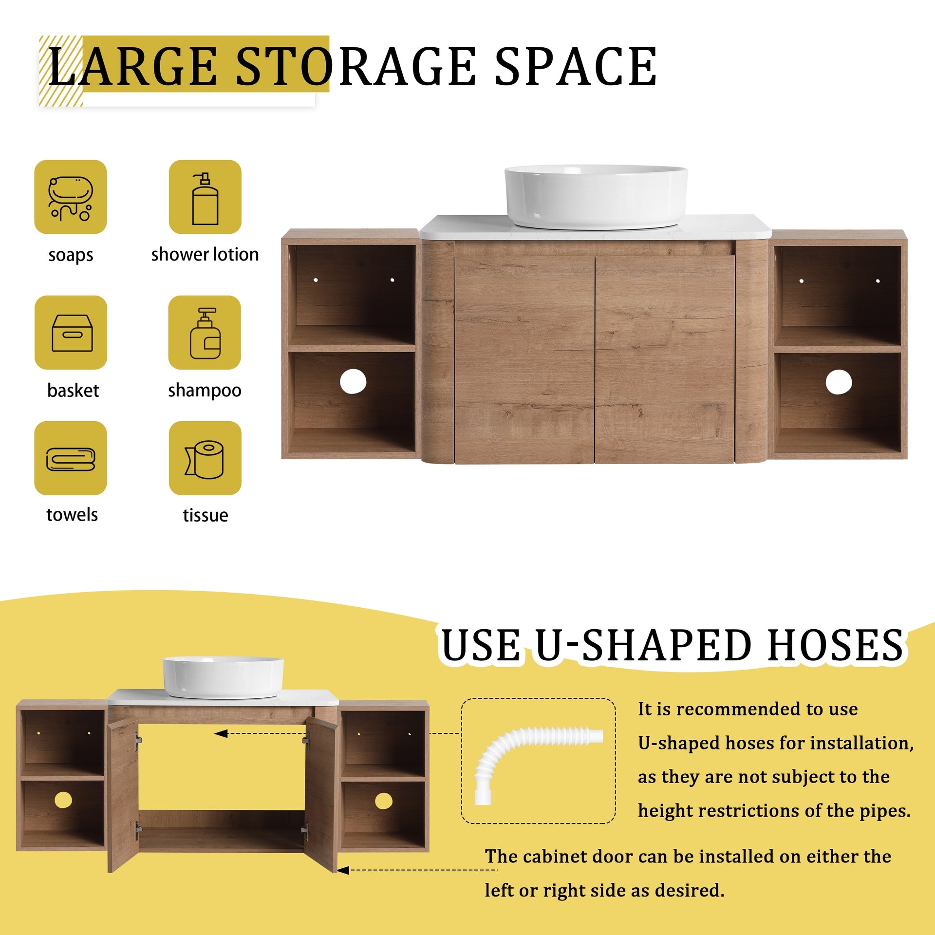 54'' Wall-Mounted Bathroom Vanity With Ceramic Art Sink, and 2-Storage Shelves, 2-Soft-Close Door, KD-Packing, Plywood