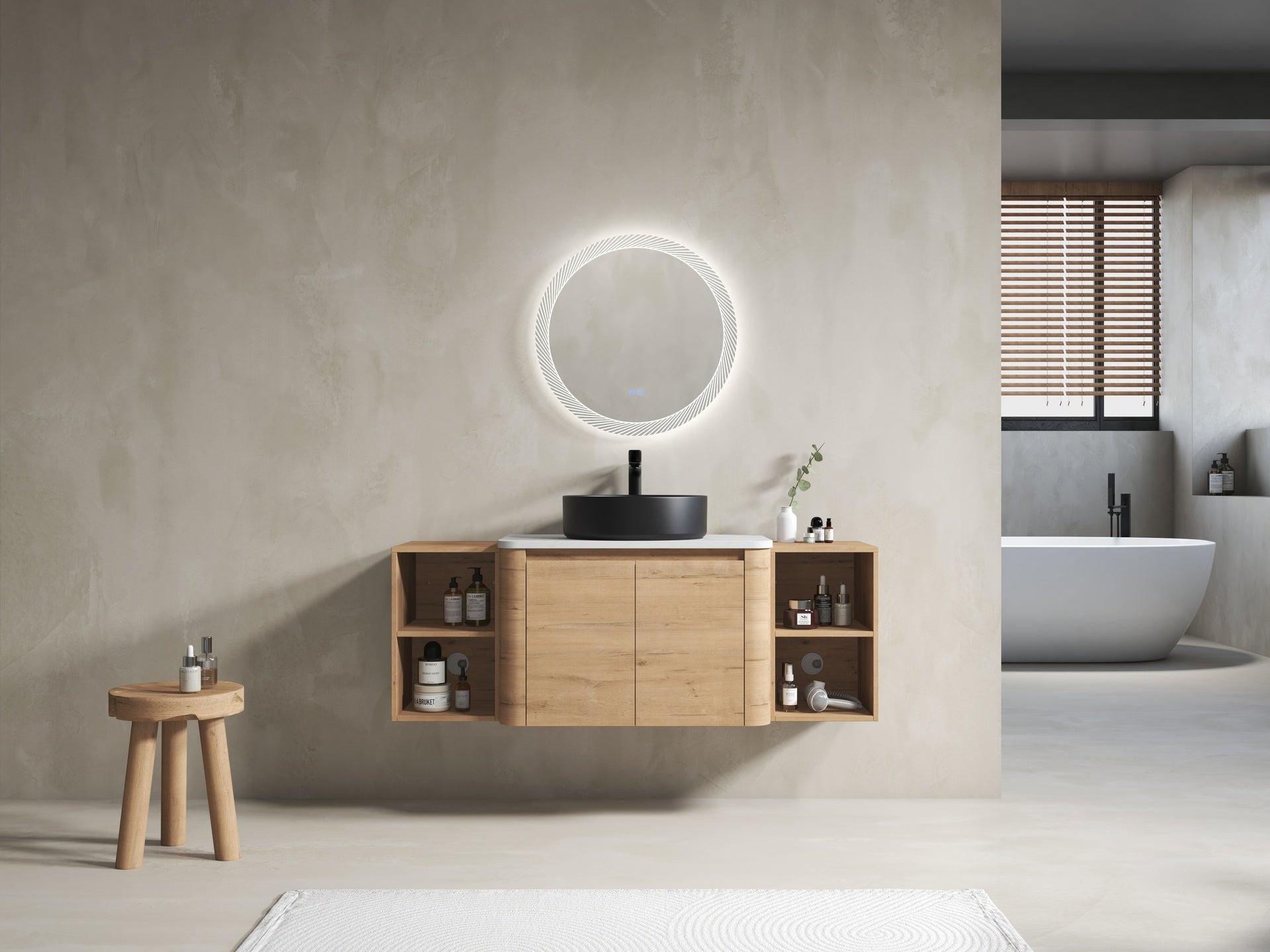 54'' Wall-Mounted Bathroom Vanity With Ceramic Art Sink, and 2-Storage Shelves, 2-Soft-Close Door, KD-Packing, Plywood