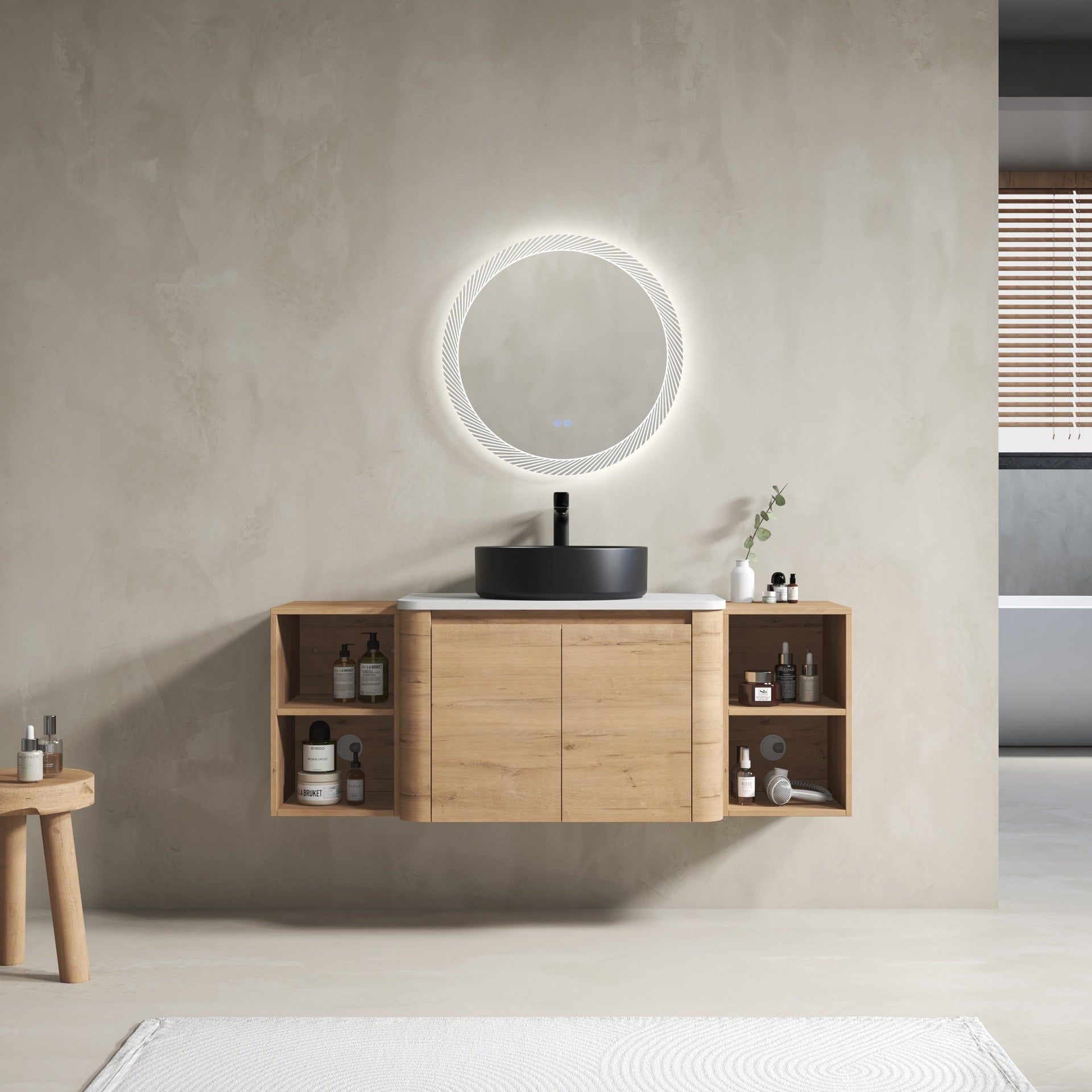 54'' Wall-Mounted Bathroom Vanity With Ceramic Art Sink, and 2-Storage Shelves, 2-Soft-Close Door, KD-Packing, Plywood
