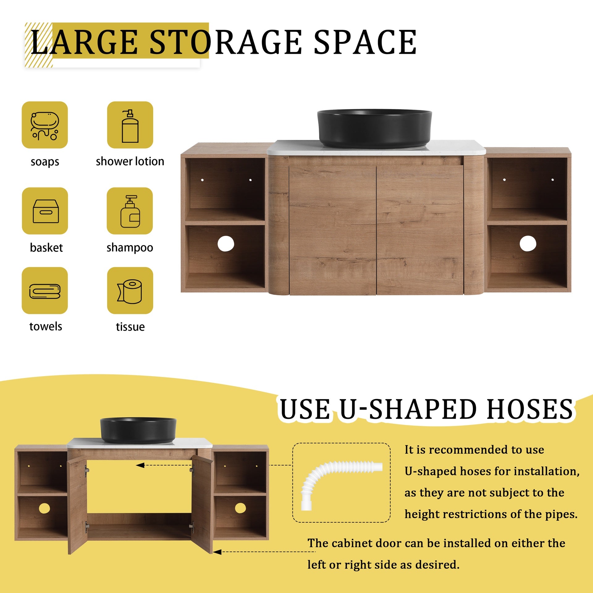 54'' Wall-Mounted Bathroom Vanity With Ceramic Art Sink, and 2-Storage Shelves, 2-Soft-Close Door, KD-Packing, Plywood