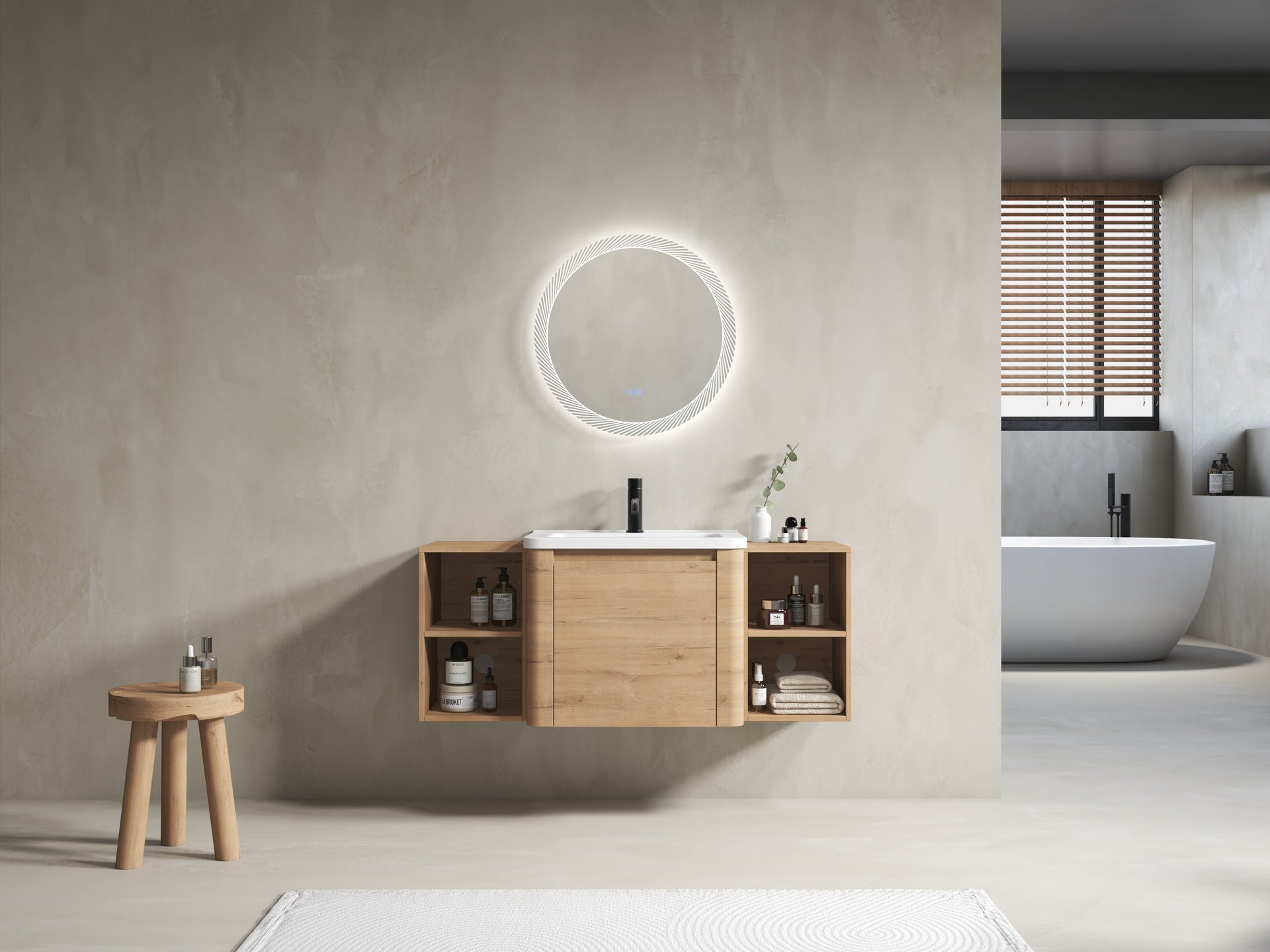 48'' Wall-Mounted Bathroom Vanity with White Ceramic Sink and Storage Shelves & 1-Soft-Close Door, KD-Packing, Plywood