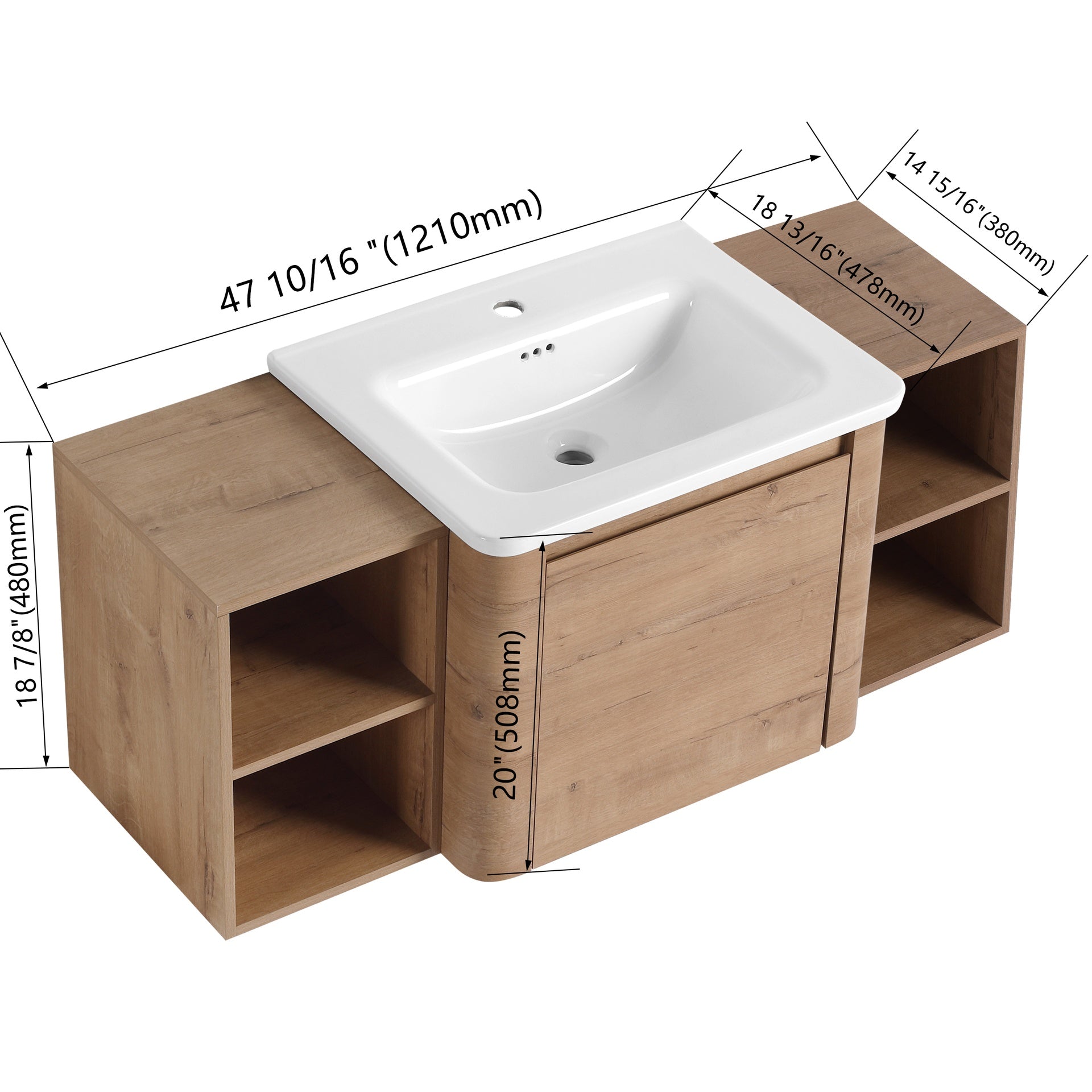 48'' Wall-Mounted Bathroom Vanity with White Ceramic Sink and Storage Shelves & 1-Soft-Close Door, KD-Packing, Plywood