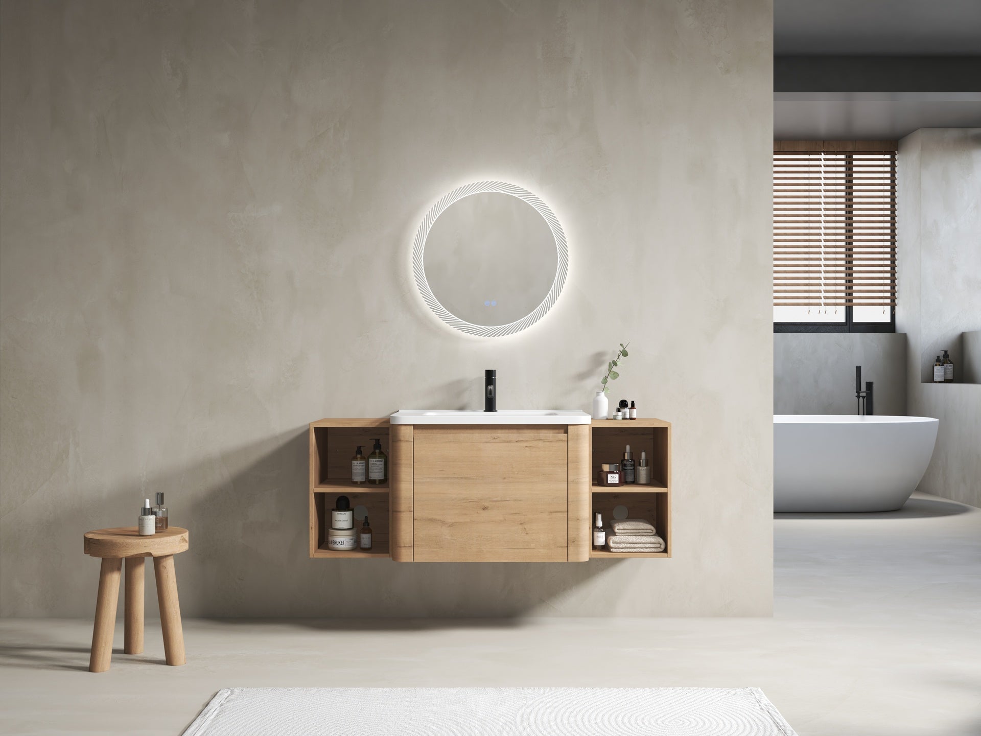52'' Wall-Mounted Bathroom Vanity with White Ceramic Sink and Storage Shelves & 1-Soft-Close Door, KD-Packing, Plywood