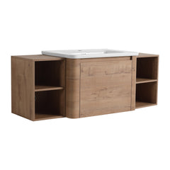 52'' Wall-Mounted Bathroom Vanity with White Ceramic Sink and Storage Shelves & 1-Soft-Close Door, KD-Packing, Plywood
