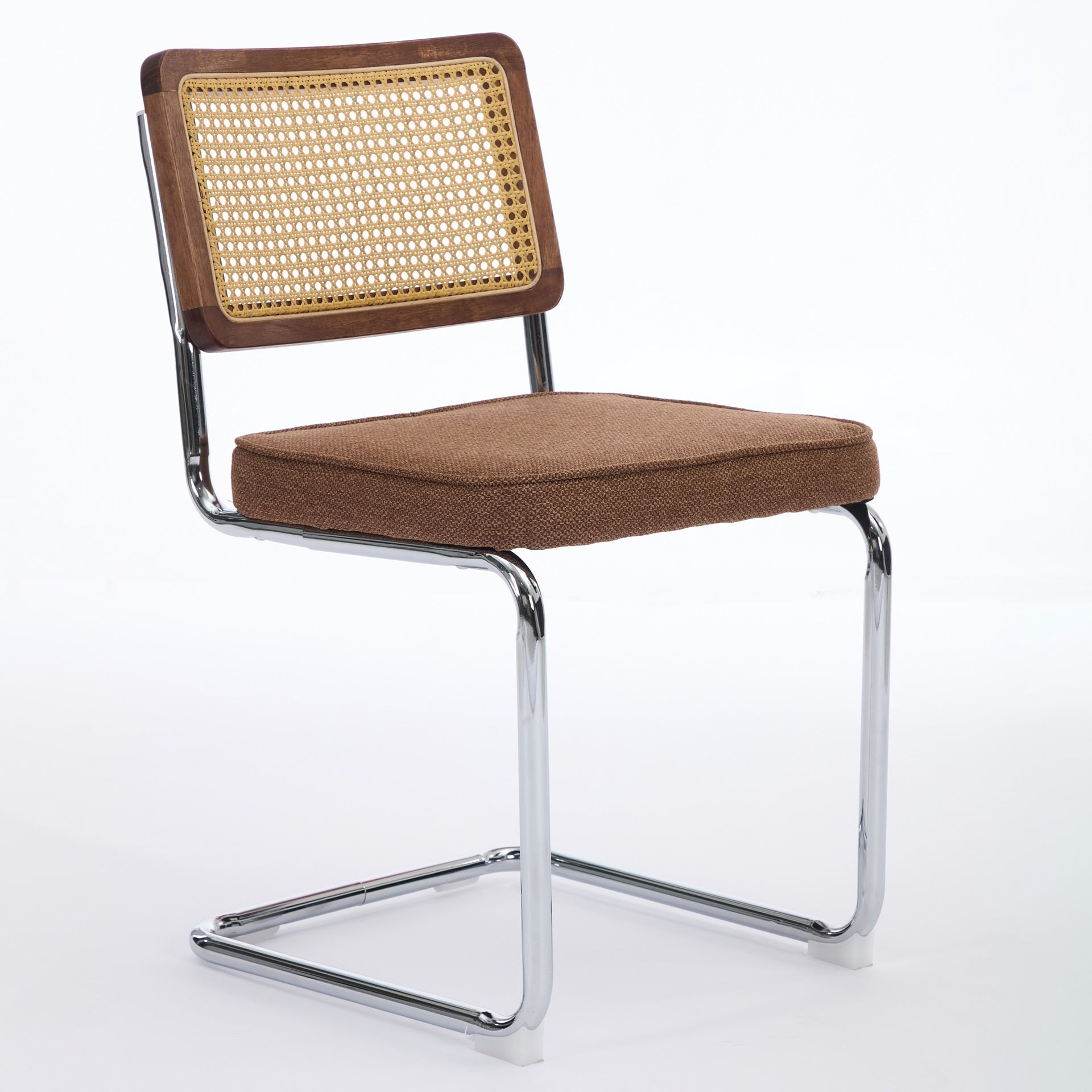 Mid Century Modern Dining Chairs Set of 2, Linen Accent Chairs with Natural Cane Back & Stainless Chrome Base, Famous Breuer Designed Chairs, Upholstered Rattan Kitchen Chairs,Coffee color,SW1851CF