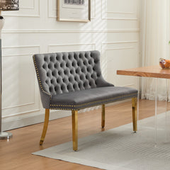 Velvet Double Dining Loveseat Bench, Kitchen & Dining Seating, 2-Seat Tufted Bench w/Handmade Buttons, Wing Back, Gold-Plated Steel Legs, Mid Century Modern,Single Pack,Gray,SW1602GY