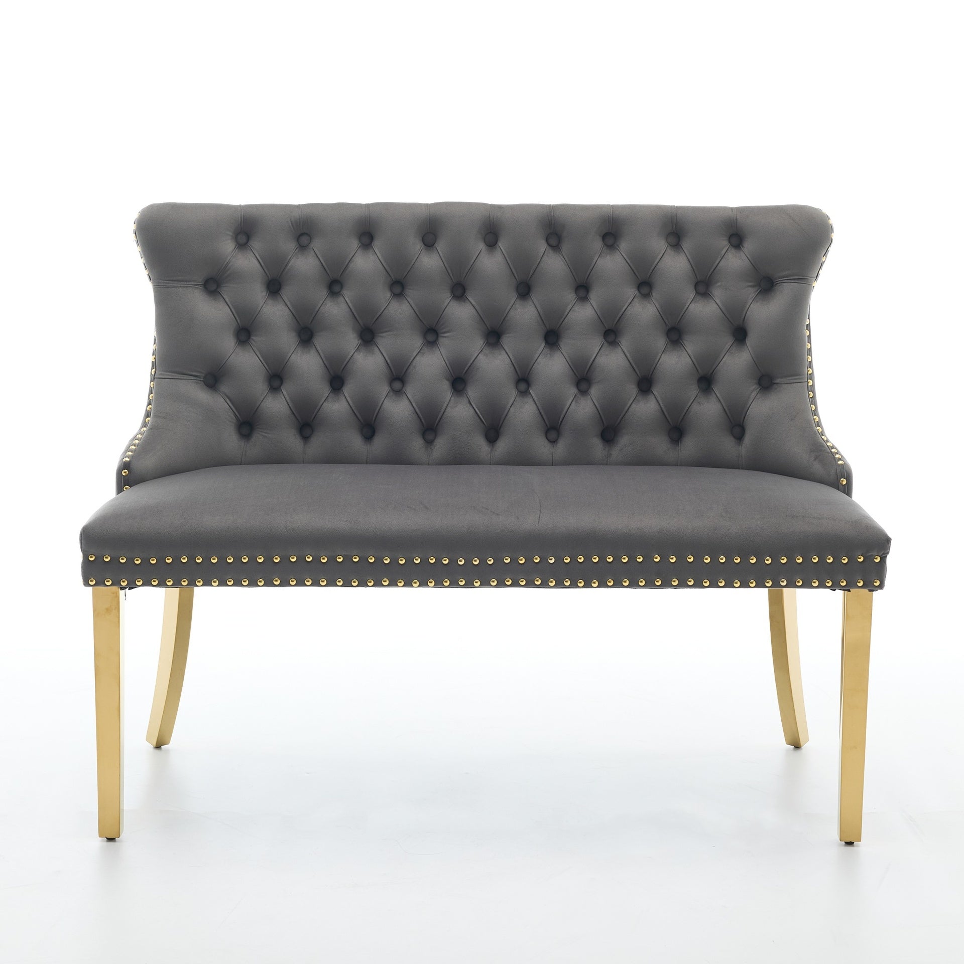Velvet Double Dining Loveseat Bench, Kitchen & Dining Seating, 2-Seat Tufted Bench w/Handmade Buttons, Wing Back, Gold-Plated Steel Legs, Mid Century Modern,Single Pack,Gray,SW1602GY