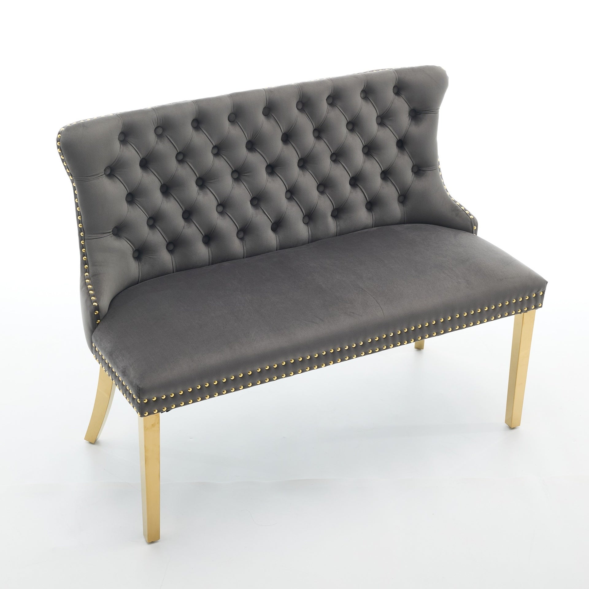 Velvet Double Dining Loveseat Bench, Kitchen & Dining Seating, 2-Seat Tufted Bench w/Handmade Buttons, Wing Back, Gold-Plated Steel Legs, Mid Century Modern,Single Pack,Gray,SW1602GY