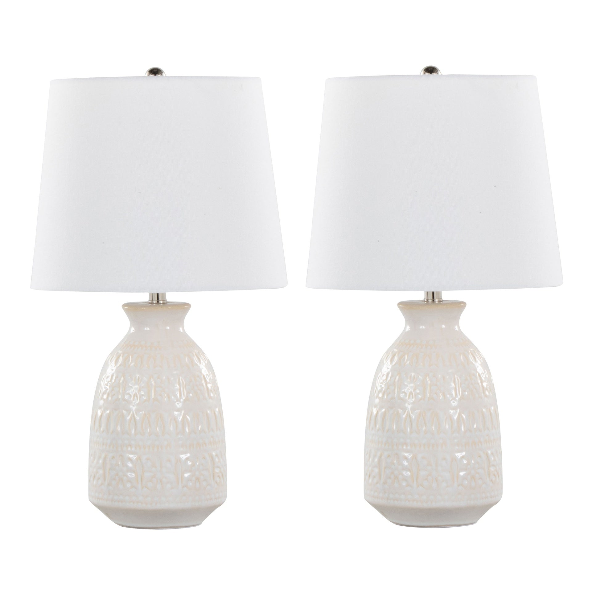 Claudia 20" Contemporary Ceramic Accent Lamp in Off-White Ceramic, Polished Nickel Accents and White Linen Shade from Grandview Gallery by LumiSource - Set of 2