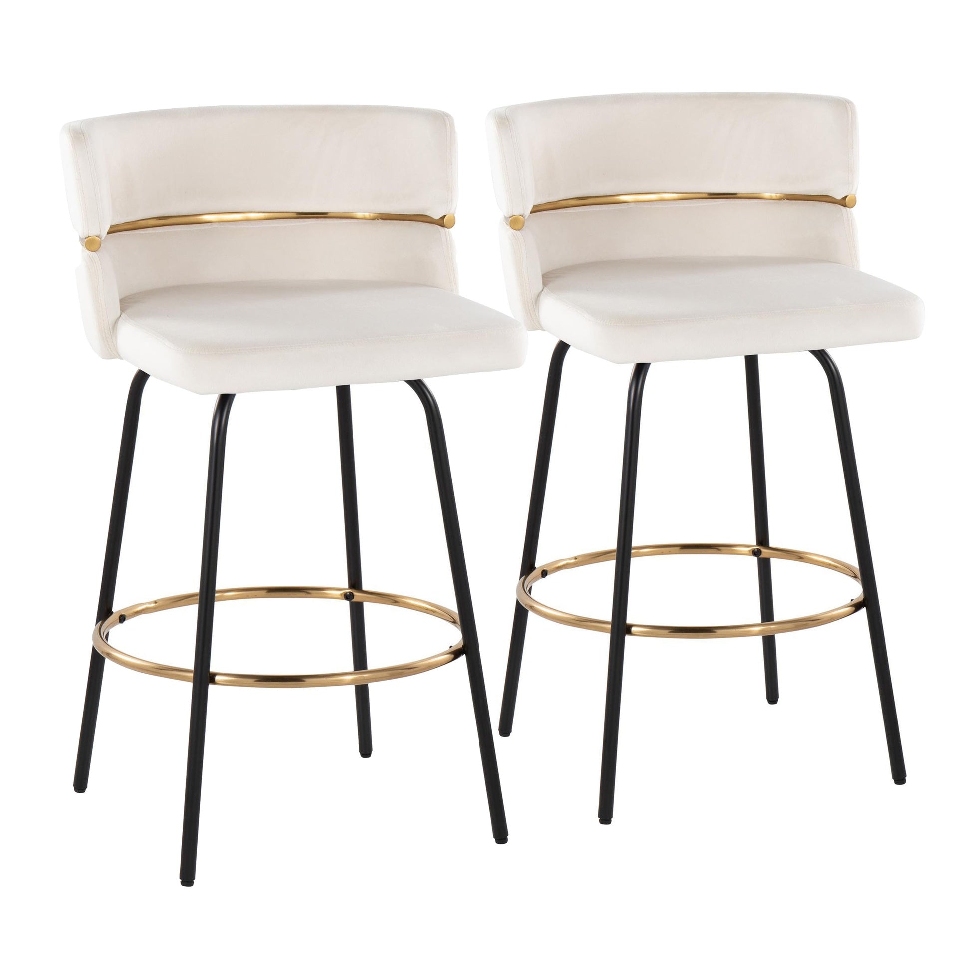 Cinch 26" Contemporary Fixed-Height Counter Stool with Swivel in Black Metal and Cream Velvet with Round Gold Footrest by LumiSource - Set of 2