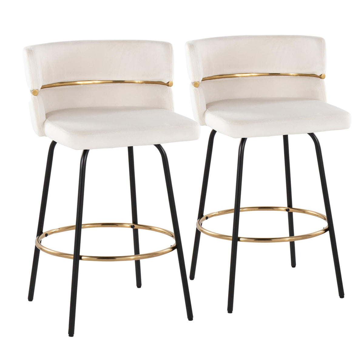 Cinch 26" Contemporary Fixed-Height Counter Stool with Swivel in Black Metal and Cream Velvet with Round Gold Footrest by LumiSource - Set of 2