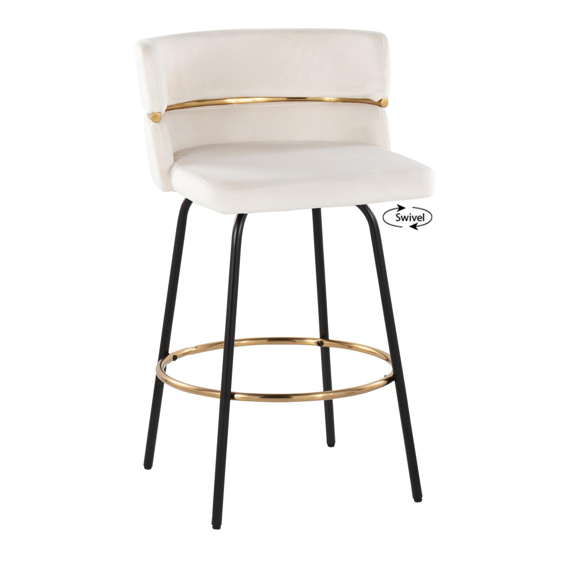 Cinch 26" Contemporary Fixed-Height Counter Stool with Swivel in Black Metal and Cream Velvet with Round Gold Footrest by LumiSource - Set of 2