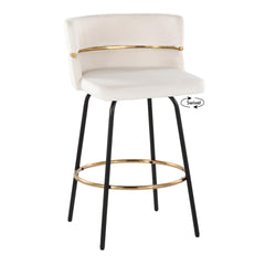 Cinch 26" Contemporary Fixed-Height Counter Stool with Swivel in Black Metal and Cream Velvet with Round Gold Footrest by LumiSource - Set of 2