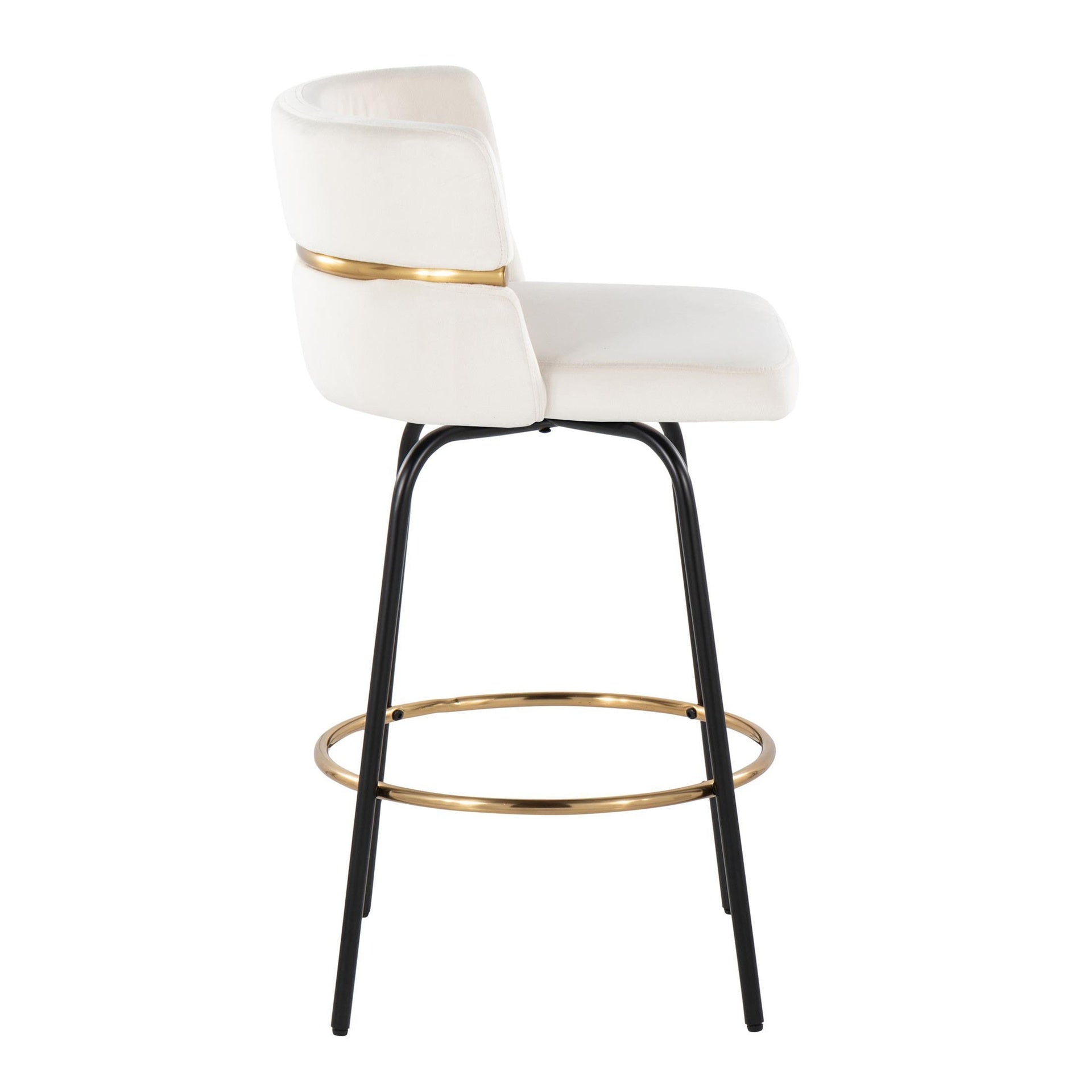 Cinch 26" Contemporary Fixed-Height Counter Stool with Swivel in Black Metal and Cream Velvet with Round Gold Footrest by LumiSource - Set of 2