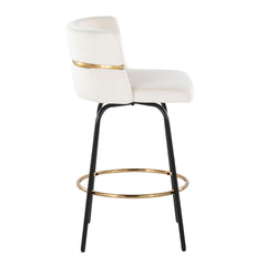 Cinch 26" Contemporary Fixed-Height Counter Stool with Swivel in Black Metal and Cream Velvet with Round Gold Footrest by LumiSource - Set of 2