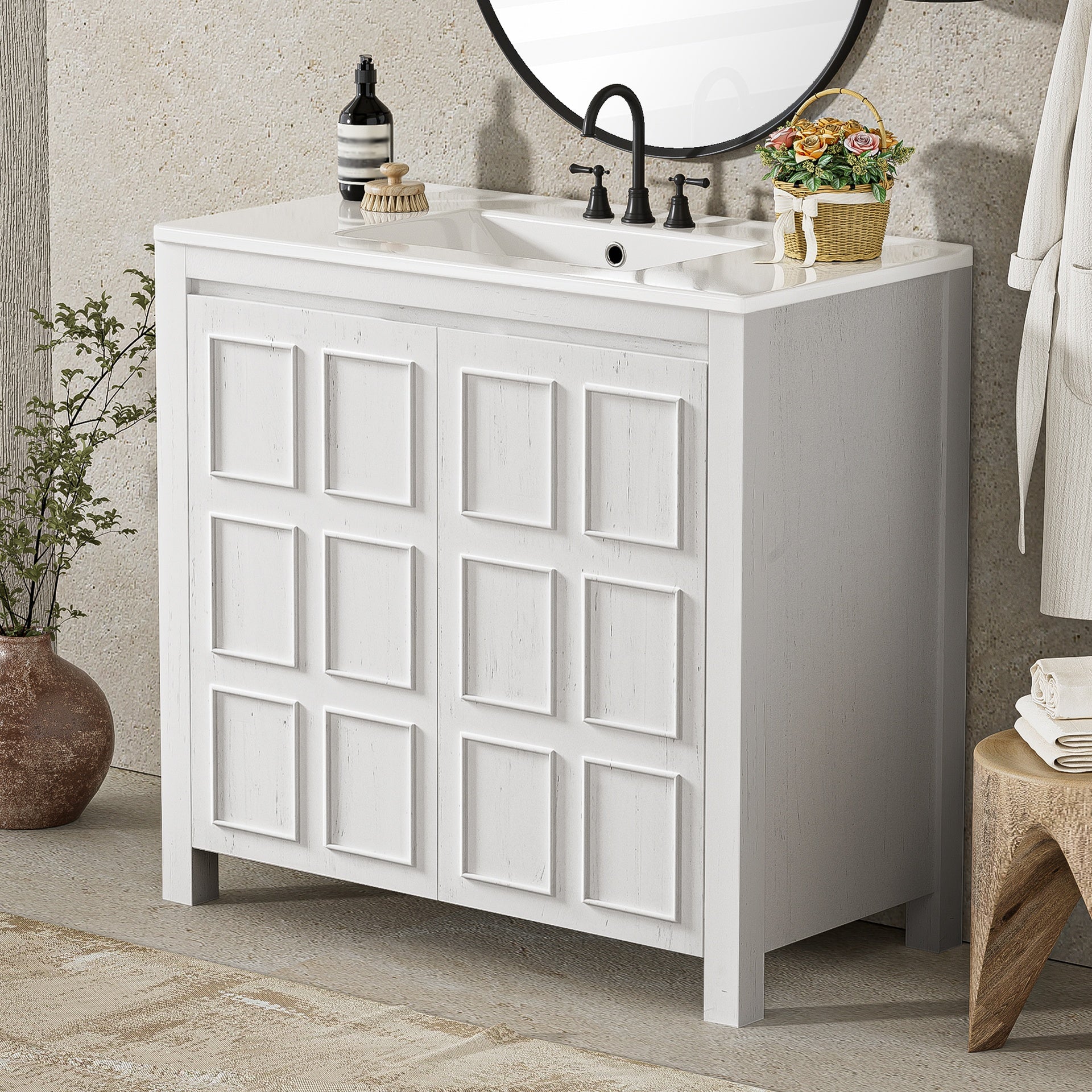 36 " Bathroom Vanity Organizer with Ceramic Sink, Set Bathroom Storage Cabinet,Antique White