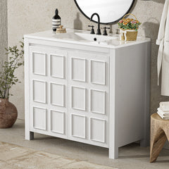 36 " Bathroom Vanity Organizer with Ceramic Sink, Set Bathroom Storage Cabinet,Antique White
