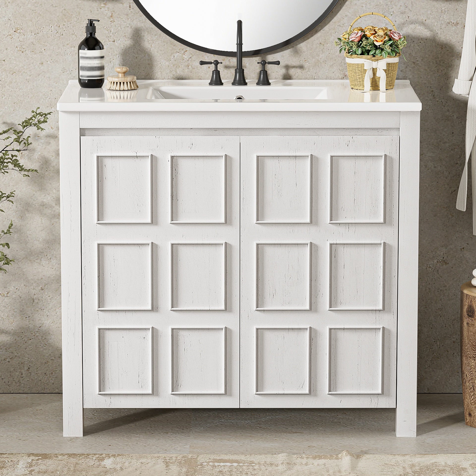 36 " Bathroom Vanity Organizer with Ceramic Sink, Set Bathroom Storage Cabinet,Antique White