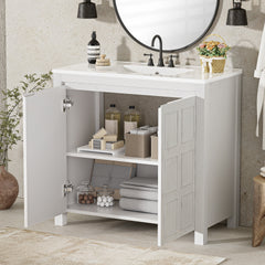 36 " Bathroom Vanity Organizer with Ceramic Sink, Set Bathroom Storage Cabinet,Antique White