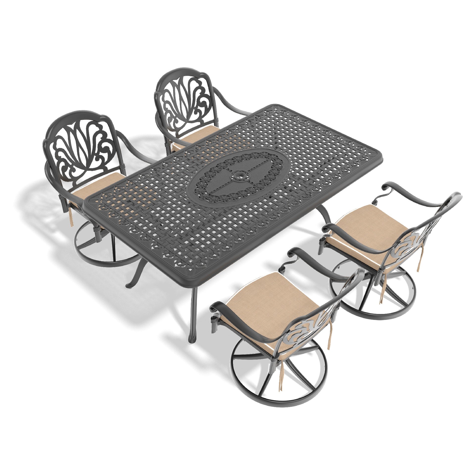 5-Piece All-Weather Cast Aluminum Dining Set, Include 4 Swivel Chairs and Rectangular Table With Black Frame