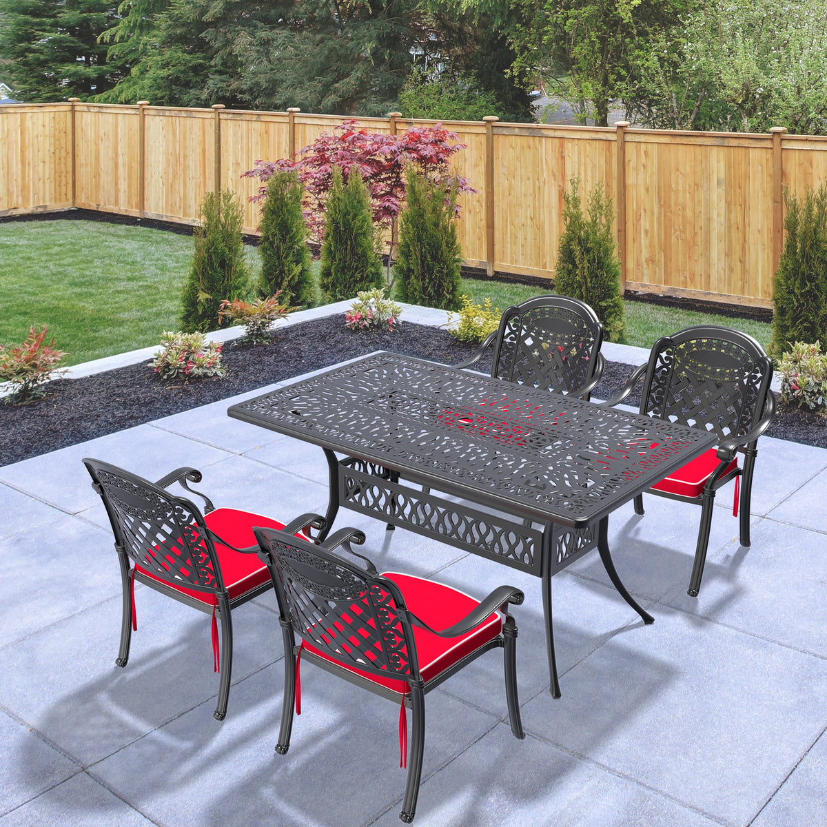 5-Piece Set Of Cast Aluminum Patio Furniture With Black Frame and Red Seat Cushions(same sku:W1710S00087)