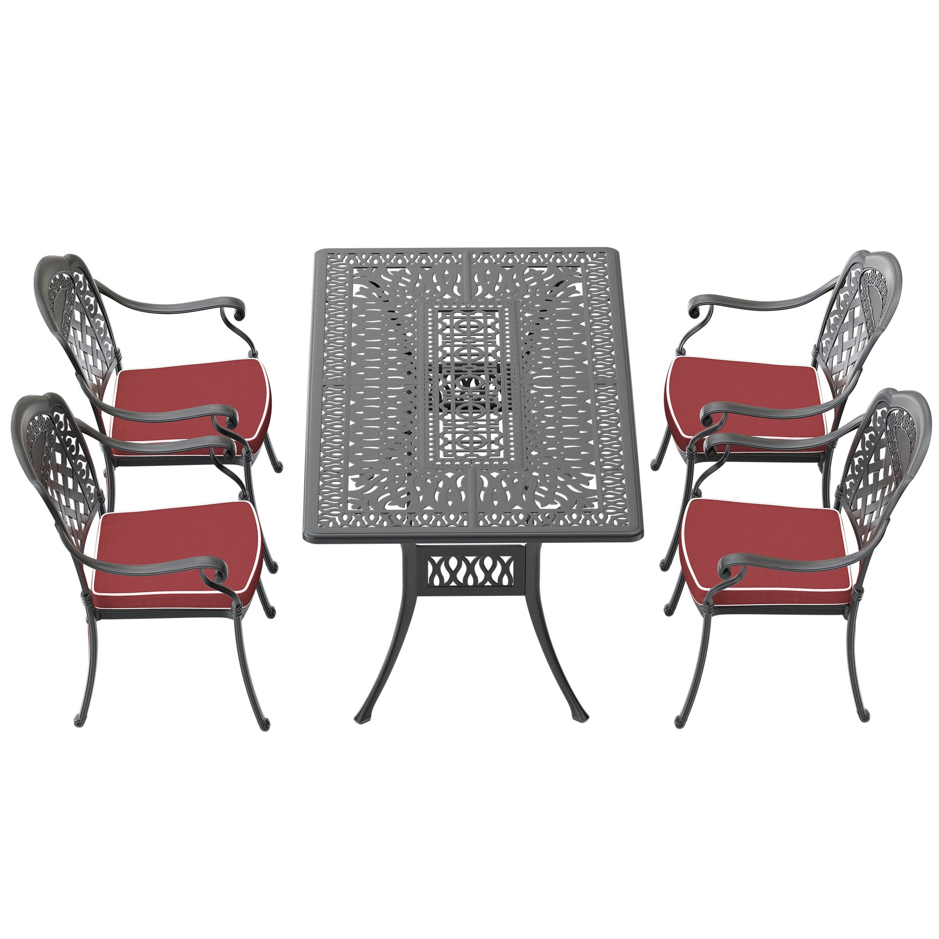 5-Piece Set Of Cast Aluminum Patio Furniture With Black Frame and Red Seat Cushions(same sku:W1710S00087)