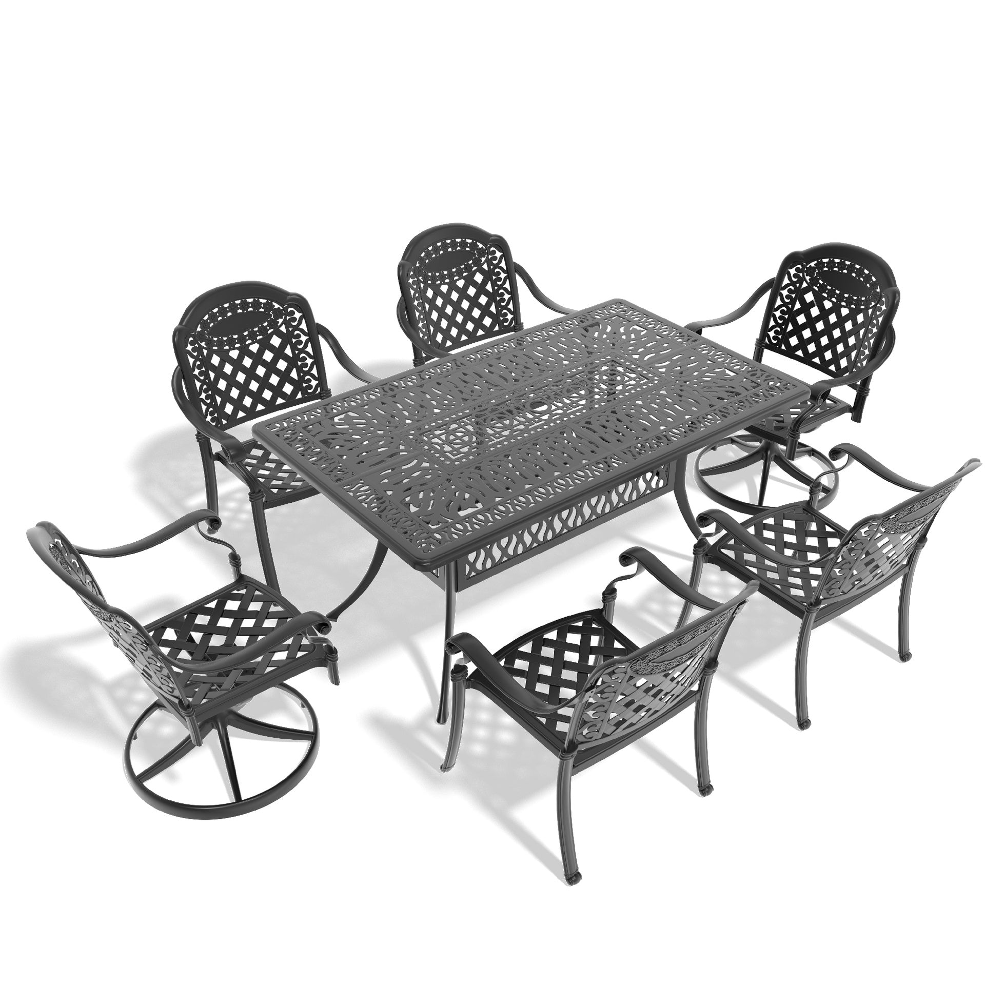 7-Piece All-Weather Cast Aluminum Dining Set, Include 2 Swivel Chairs,4 Dining Chairs and Rectangular Table With Black Frame(same sku:W1710S00371)