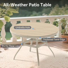 Outdoor Round Patio Dining Table for 6-7, All Weather Metal Dining Table with Umbrella Hole for Deck Lawn Garden Backyard, Sandstone Color