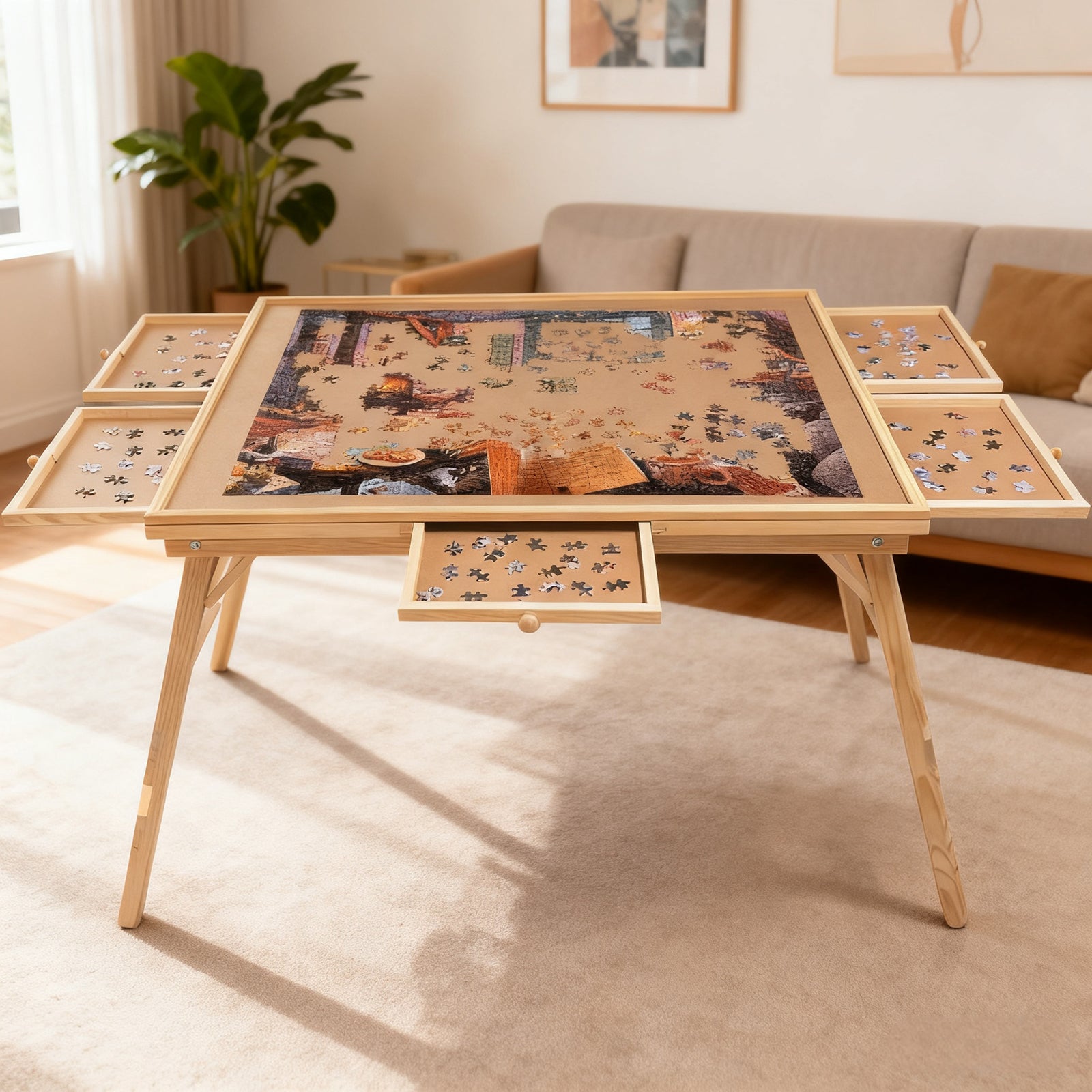27" H Tall 1500 Piece Puzzle Table with Legs, 5 Drawers, 34" W x 26" D Large Wood Folding Jigsaw Puzzle Board for Adults, Nature