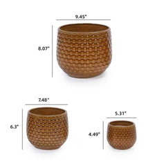 Handmade Glazed Ceramic Planter Set of 3, 9"/7"/5" Diameter, Diamond Pattern, for Succulents & Herbs Outdoor Garden & Indoor StaircaseUse, Breathable Clay with Drainage Holes, Terracotta Brown