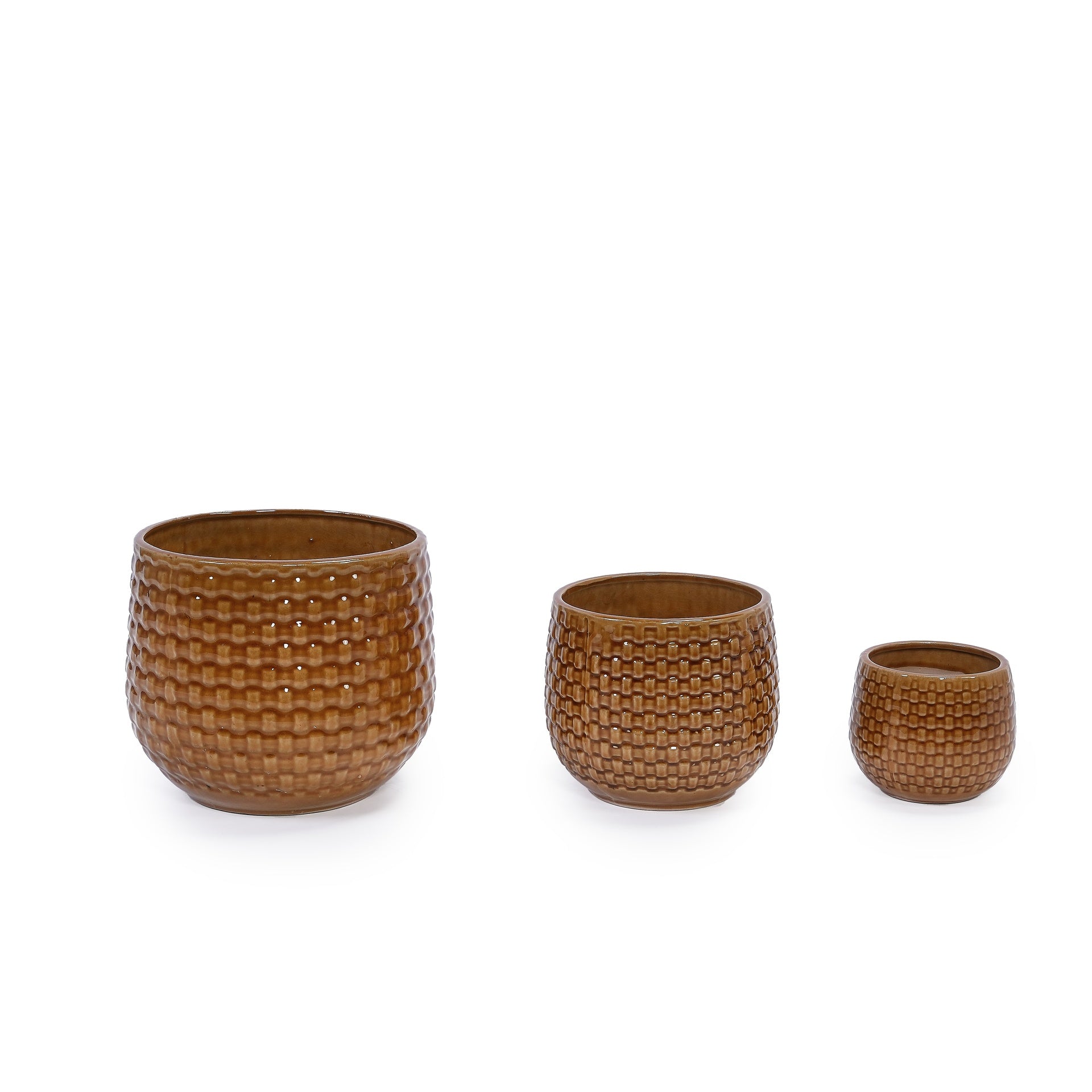 Handmade Glazed Ceramic Planter Set of 3, 9"/7"/5" Diameter, Diamond Pattern, for Succulents & Herbs Outdoor Garden & Indoor StaircaseUse, Breathable Clay with Drainage Holes, Terracotta Brown