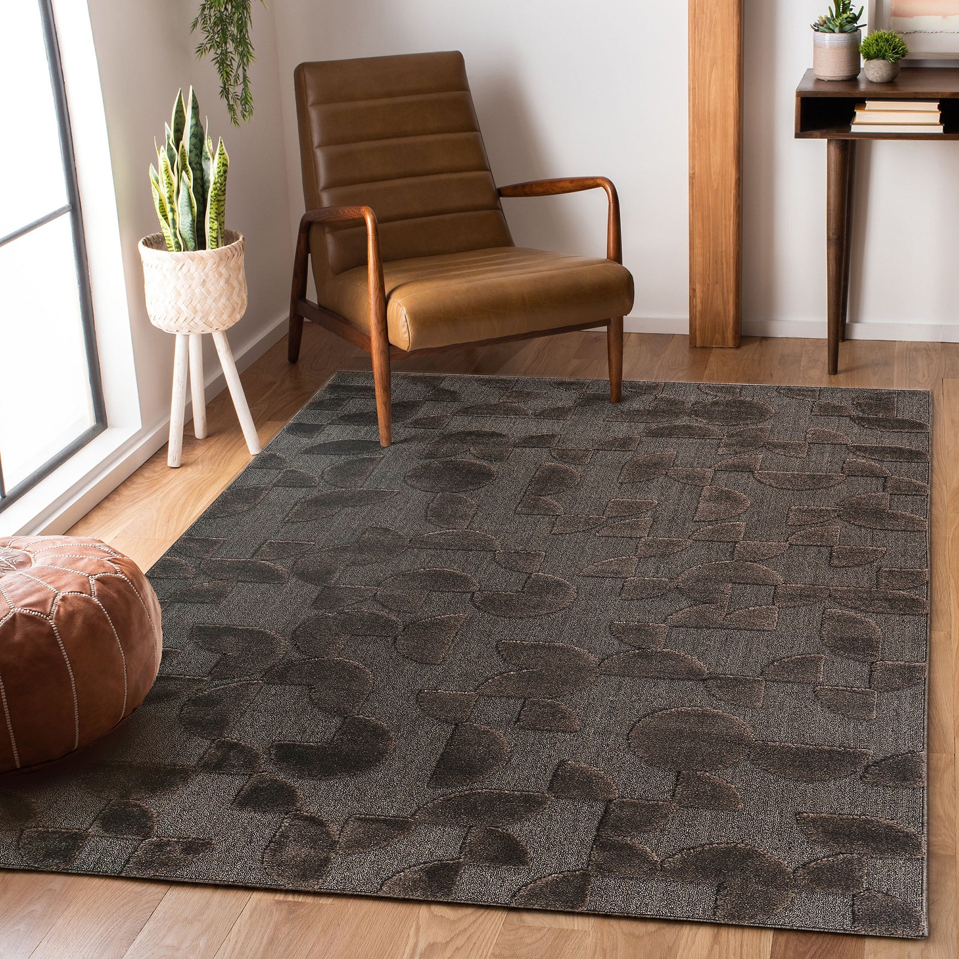 Step Collection High-Low Brown Indoor Area Rug, 7'9''x10', Modern, Contemporary, Geometric, Bohemian, Bedroom, Kitchen, Living Room, Non Shedding Carpet