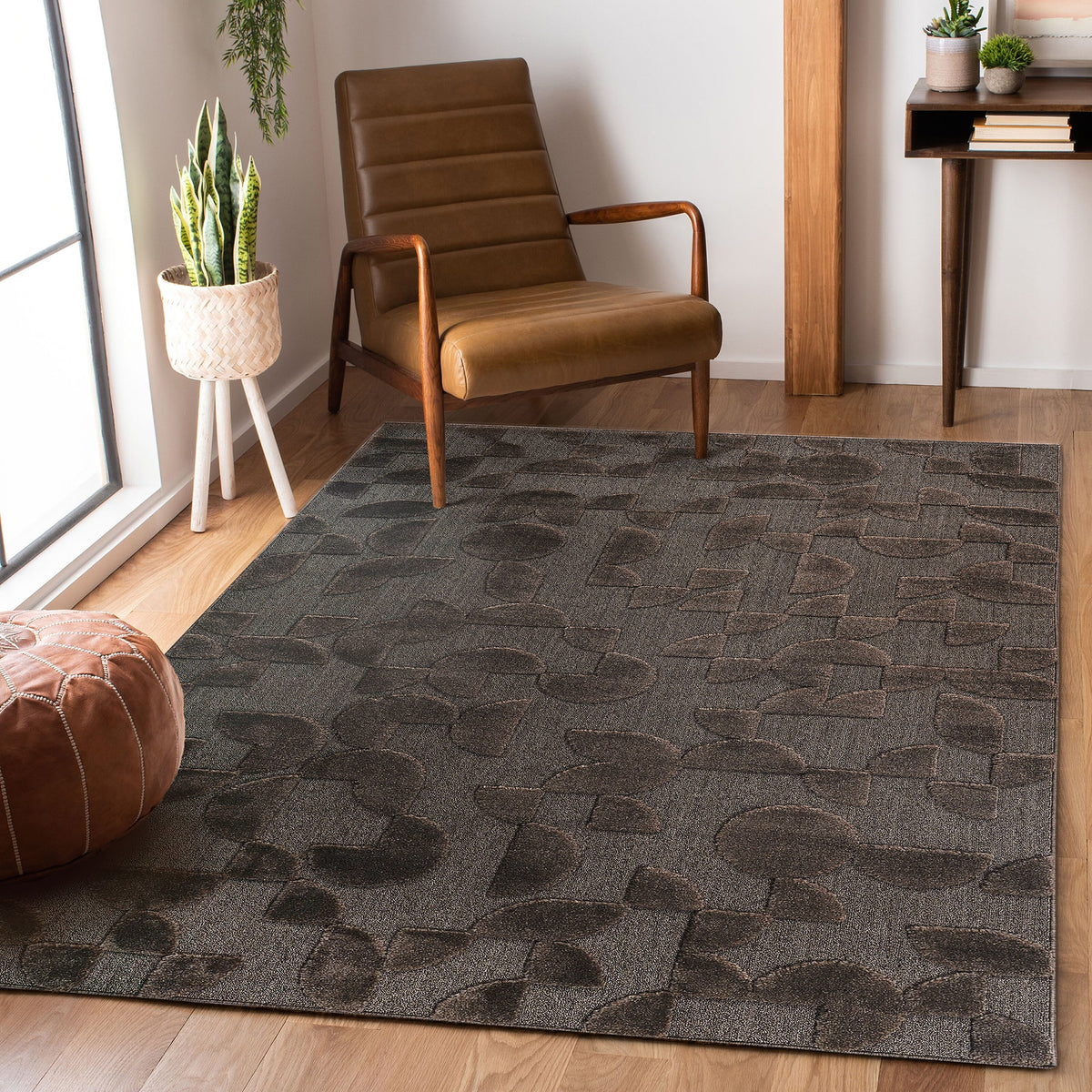 Step Collection High-Low Brown Indoor Area Rug, 7'9''x10', Modern, Contemporary, Geometric, Bohemian, Bedroom, Kitchen, Living Room, Non Shedding Carpet