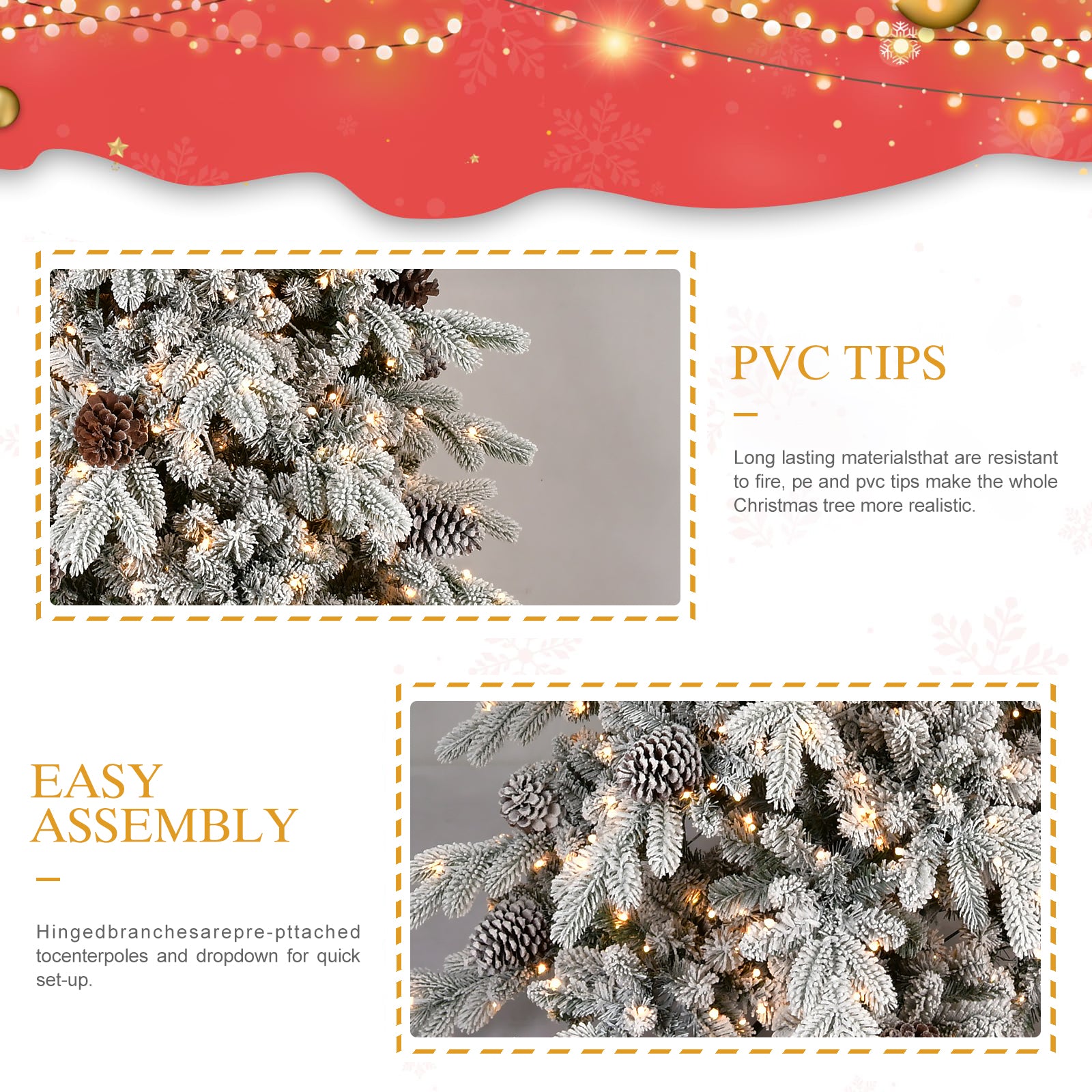 7.5 FT Flocked PE/PVC Christmas Tree with 40 Natural Pine Cones – 1424 Tips, Space-Saving Design, Hinged Branches, Stable Metal Stand, Realistic Snowy Look