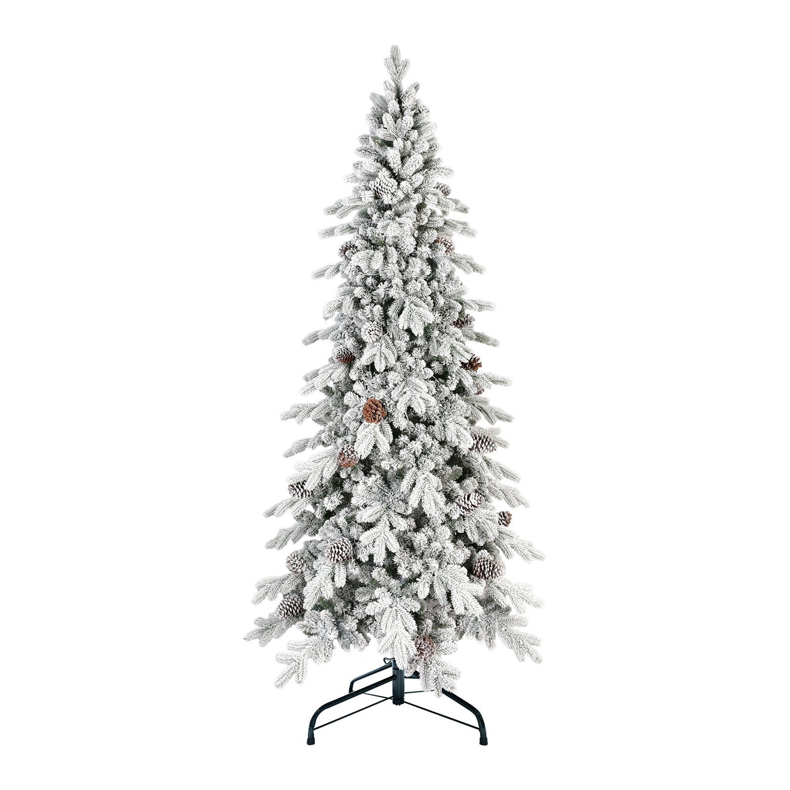 7.5 FT Flocked PE/PVC Christmas Tree with 40 Natural Pine Cones – 1424 Tips, Space-Saving Design, Hinged Branches, Stable Metal Stand, Realistic Snowy Look