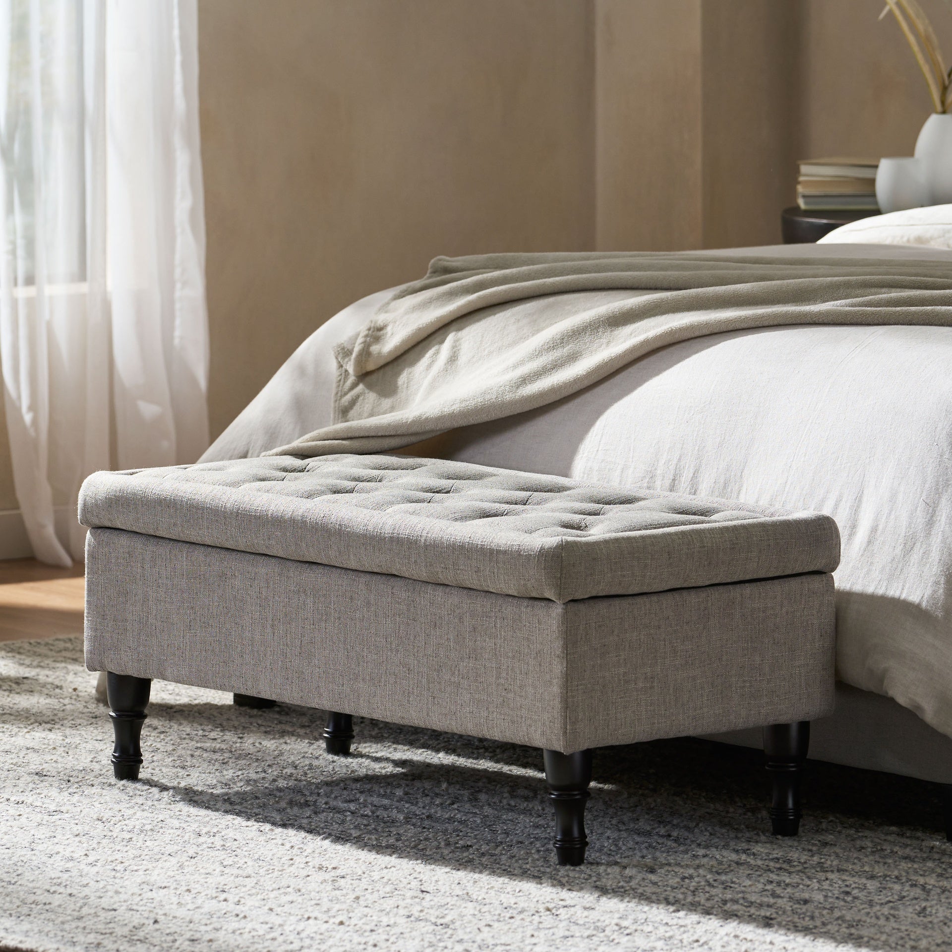Storage Ottoman Bench with Solid wood legs, Tufted Ottoman with Storage Bench for Living Room, Large End of Bed Bench Ottomans, Modern Entryway Benches, Window & Bedroom Benches for Foot of Bed